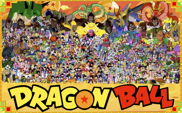 HD desktop wallpaper featuring a large group of characters from Dragon Ball Z anime, with the Dragon Ball logo prominently displayed at the bottom.