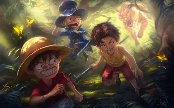 Anime-themed HD desktop wallpaper featuring young Luffy, Ace, and Sabo from One Piece, depicted running through a lush forest, with a tiger and butterflies in the background.