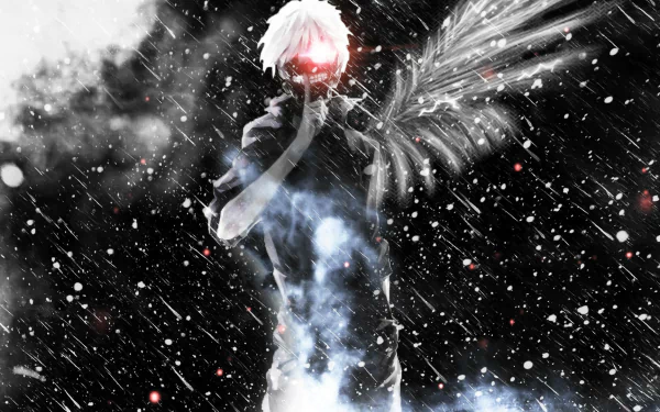 Anime character Ken Kaneki from Tokyo Ghoul with white hair, glowing eyes, and a mask, standing in the rain with wings in a dramatic black and white HD desktop wallpaper.