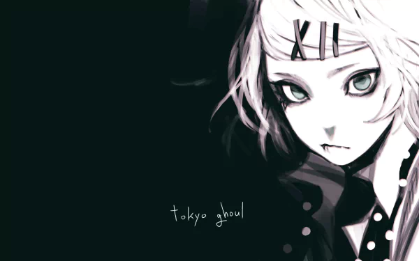 HD desktop wallpaper featuring Juuzou Suzuya from the anime Tokyo Ghoul. The character has white hair and XIII tattooed on their forehead against a dark background with tokyo ghoul text.