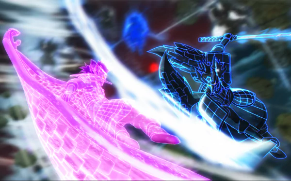 HD desktop wallpaper of Susanoo from Naruto, featuring vibrant avatars of Madara Uchiha and Sasuke Uchiha in mid-battle.