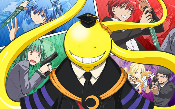 HD desktop wallpaper featuring characters from the anime Assassination Classroom, including Koro-sensei, Irina Jelavić, Tadaomi Karasuma, Kaede Kayano, Karma Akabane, and Nagisa Shiota, in dynamic poses.