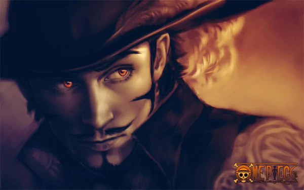 HD desktop wallpaper featuring Dracule Mihawk from the anime One Piece, showcasing his intense gaze and dark attire in a dramatic, warm-toned artistic style.