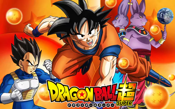 A high-definition desktop wallpaper featuring Vegeta, Goku, Champa, and Beerus from Dragon Ball Super. The vibrant anime scene showcases the characters in dynamic poses with Dragon Balls floating around them.
