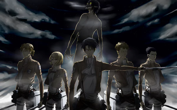 HD desktop wallpaper featuring Attack on Titan characters Petra Ral, Levi Ackerman, Oluo Bozado, Gunther Schultz, and Eld Jinn, standing ready for action against a nighttime backdrop.