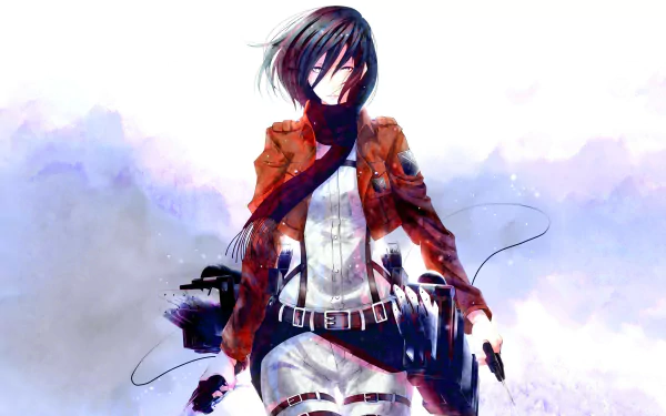 HD Anime wallpaper featuring Mikasa Ackerman from Attack on Titan, showcasing her in combat gear with a dramatic, colorful background.