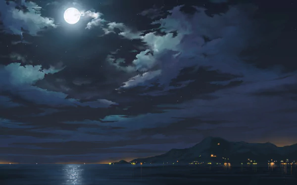 HD anime landscape desktop wallpaper featuring a serene ocean under a moonlit sky with clouds. The original artwork shows distant islands illuminated by scattered lights, creating a peaceful night scene.