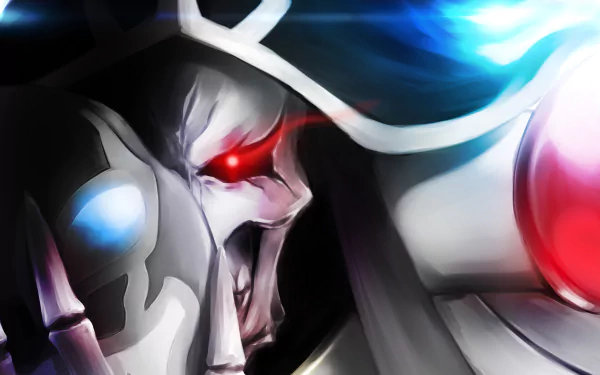HD desktop wallpaper featuring Ainz Ooal Gown from the anime Overlord, showcasing his skeletal face and glowing red eyes.