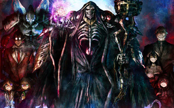 HD desktop wallpaper featuring characters from the anime Overlord, including Shalltear Bloodfallen, Sebas Tian, Albedo, Mare Bello Fiore, Aura Bella Fiora, Demiurge, Cocytus, and Ainz Ooal Gown.