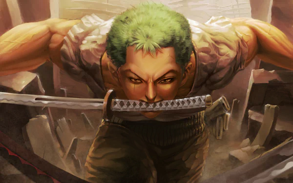 HD desktop wallpaper featuring Roronoa Zoro from the anime One Piece, showcasing his fierce expression and signature three-sword style amidst a dynamic battle background.