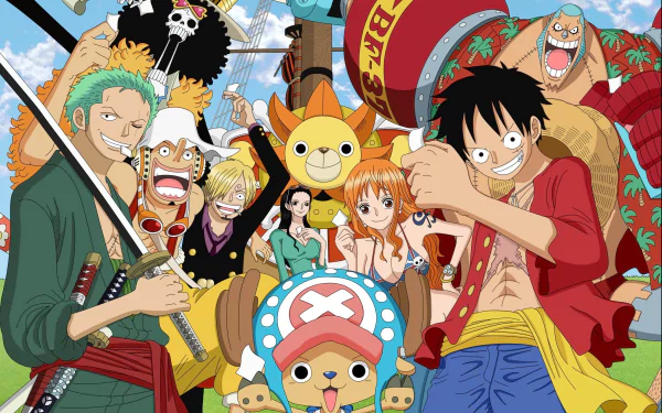 HD desktop wallpaper of One Piece characters including Tony Tony Chopper, Sunny, Franky, Nami, Nico Robin, Sanji, Usopp, Roronoa Zoro, and Brook, all posing together with cheerful expressions.