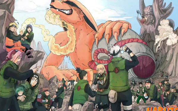 Anime-themed HD desktop wallpaper featuring characters from Naruto in an action-packed scene with a large, menacing creature in the background amid rocky terrain.