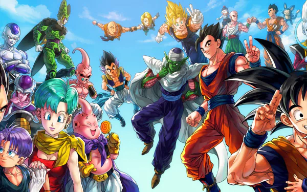 HD desktop wallpaper from Dragon Ball Z featuring various characters in dynamic poses, set against a bright blue sky backdrop.