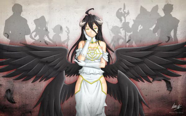 HD desktop wallpaper featuring characters from Overlord: Albedo, Sebas Tian, Shalltear Bloodfallen, Aura Bella Fiora, Mare Bello Fiore, Cocytus, and Demiurge against a dramatic background.