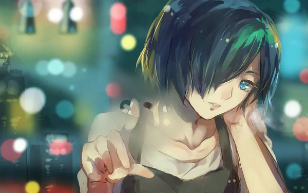 Anime HD wallpaper featuring Touka Kirishima from Tokyo Ghoul:re. The character with short hair and blue eyes is depicted in a vibrant, glowing city background.