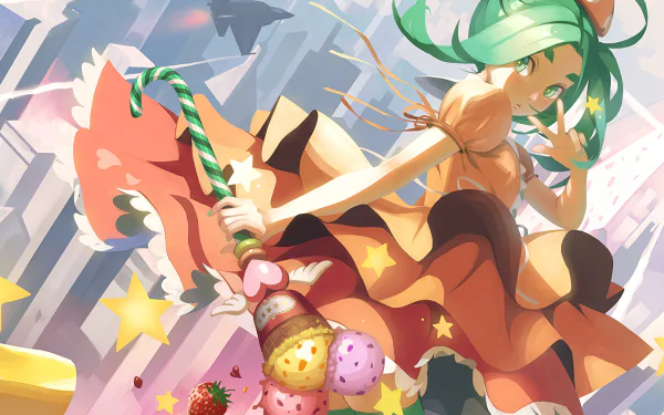 A vibrant HD wallpaper featuring Yotsugi Ononoki from Tsukimonogatari, showcasing her playful pose with a whimsical ice cream treat against a colorful, dynamic background.