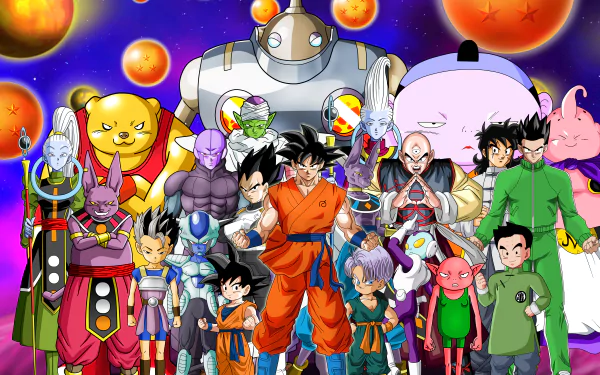HD desktop wallpaper featuring characters from Dragon Ball Super, showcasing a colorful ensemble of heroes and villains with Dragon Balls in the background.