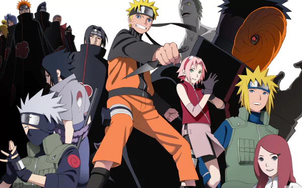 HD desktop wallpaper featuring various characters from the anime Naruto, including the protagonist in an orange outfit, set against a dynamic background.