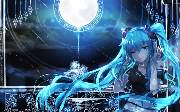 HD desktop wallpaper featuring Hatsune Miku from the Anime Vocaloid, gazing thoughtfully in front of a glowing full moon with intricate, luminescent details in the background.