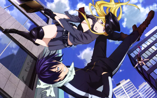 A dynamic HD wallpaper featuring Hiyori Iki, Bishamonten, and Yato from the anime Noragami, showcasing an action-packed scene against a vibrant city backdrop.