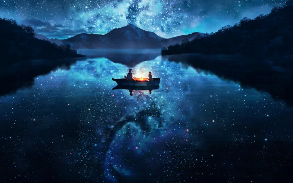 Anime-style image of a boat on a lake at night, with a stunning starry sky and its reflection on the calm water, framed by hills. The HD wallpaper evokes a serene and scenic atmosphere.