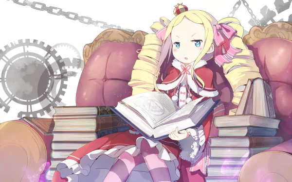 HD desktop wallpaper featuring Beatrice from the anime Re:Zero - Starting Life in Another World. She is sitting on a plush chair, surrounded by books, with a serious expression while holding an open book.