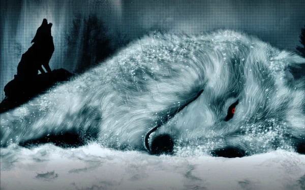 A HD desktop wallpaper featuring an anime scene from Wolf's Rain, depicting a large, snowy white wolf lying down with a silhouette of a howling wolf in the background.