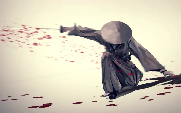 HD desktop wallpaper featuring a dramatic anime samurai scene, with the samurai in action wielding a sword, leaving a trail of blood against a minimalist background.