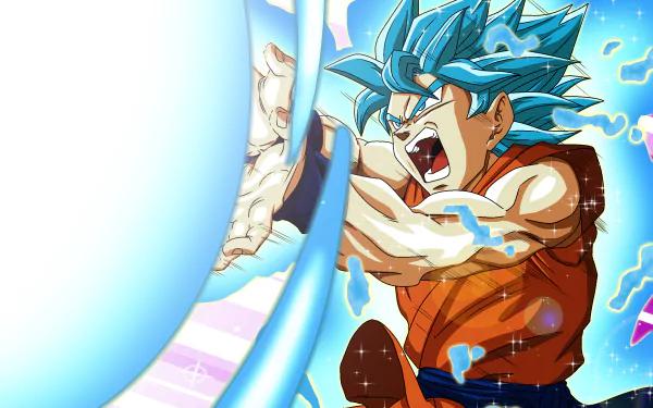 A HD desktop wallpaper of Goku in Super Saiyan Blue form from Dragon Ball Super, unleashing a powerful Kamehameha attack. Vibrant and dynamic anime artwork.