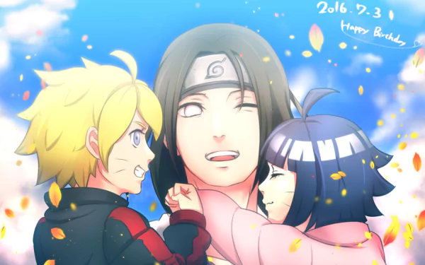 HD wallpaper featuring Neji Hyūga, Himawari Uzumaki, and Boruto Uzumaki from the anime Boruto. Neji stands in the center smiling with Boruto and Himawari embracing him. Blue sky with falling leaves in the background.