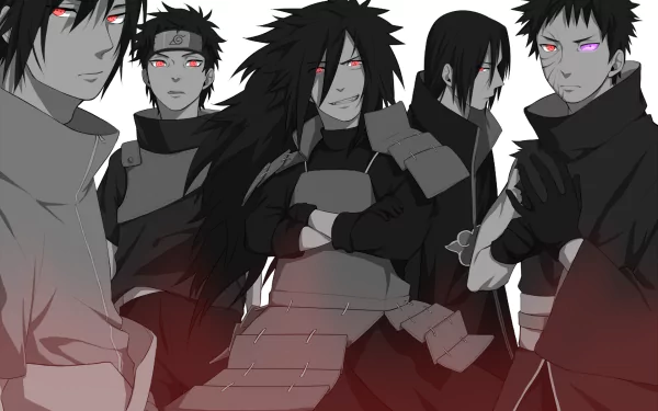 Monochrome HD wallpaper featuring anime characters in armor with long black hair and red eyes, tagged: Sasuke Uchiha, Shisui Uchiha, Obito Uchiha, Madara Uchiha, and Itachi Uchiha from Naruto.
