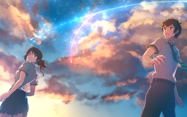 HD desktop wallpaper featuring Taki Tachibana and Mitsuha Miyamizu from the anime Your Name, set against a vibrant sunset sky with shooting stars and clouds.