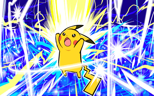 HD desktop wallpaper featuring Pikachu from the Pokémon anime, surrounded by bright electric energy against a vibrant blue background.