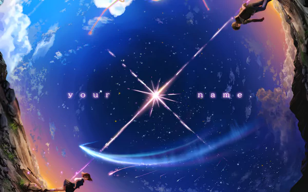HD desktop wallpaper from Your Name featuring anime characters Taki Tachibana and Mitsuha Miyamizu, with a starry sky background and glowing text.