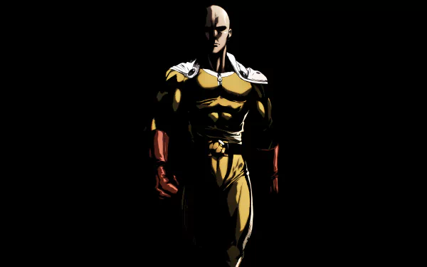 HD desktop wallpaper featuring Saitama from the anime One-Punch Man, depicted in his iconic yellow suit against a dark background.