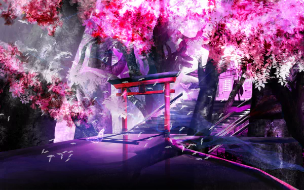 HD desktop wallpaper featuring Hatsune Miku from Anime and Vocaloid, set against a vibrant background of pink cherry blossoms and a traditional Japanese torii gate.