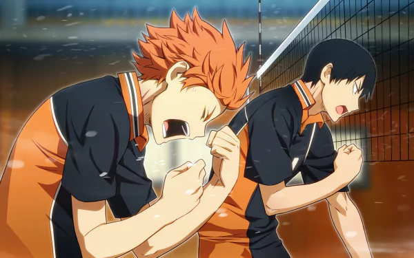 HD desktop wallpaper featuring characters from the anime Haikyū!! in a dynamic and intense moment on a volleyball court.