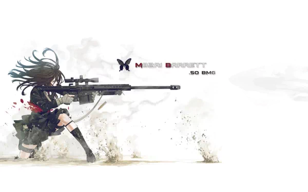 Anime-style sniper character in military attire aiming a large rifle, with swirling winds and dust creating a dramatic background. Text on the image reads .50 BMG and M82A1 BARRETT. HD desktop wallpaper.