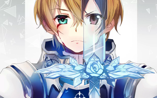 Anime wallpaper featuring Eugeo from Sword Art Online: Alicization, holding the Blue Rose Sword, with a serious expression and a small blood streak on his face.
