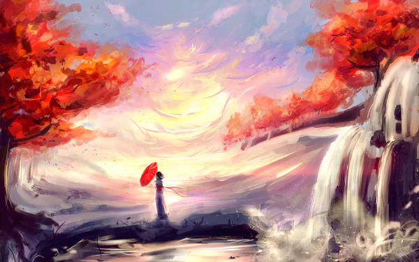 HD anime desktop wallpaper featuring a serene autumn scene with a waterfall, a person holding a red umbrella, vibrant fall trees, and a beautiful sky.