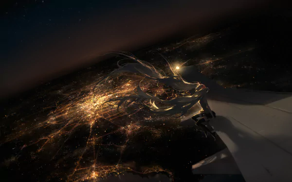 A stunning HD desktop wallpaper featuring Hatsune Miku, set against a backdrop of city lights seen from an airplane wing, capturing the essence of anime and Vocaloid culture.