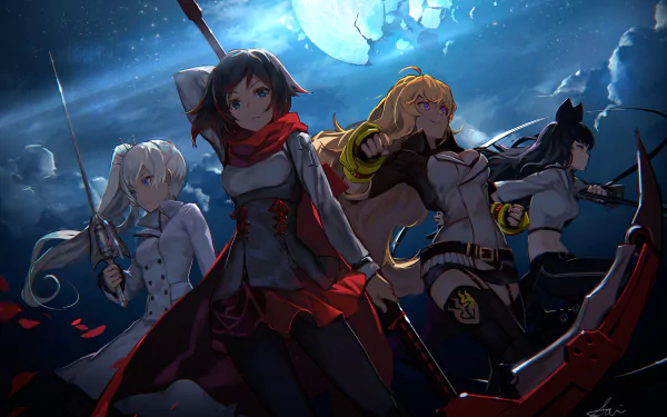 HD desktop wallpaper featuring Ruby Rose, Yang Xiao Long, Weiss Schnee, and Blake Belladonna from the anime RWBY, all striking dynamic poses against a dramatic night sky with a full moon in the background.