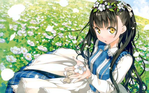 A serene HD desktop wallpaper featuring an original anime character from 5 Nenme no Houkago in a flower-filled meadow, holding blossoms with a gentle expression and a flower crown.