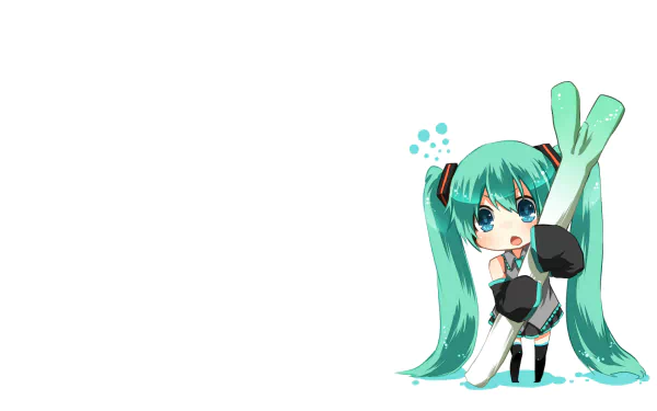 HD anime desktop wallpaper featuring Hatsune Miku from Vocaloid, with teal twin-tails, holding large green onions on a white background.