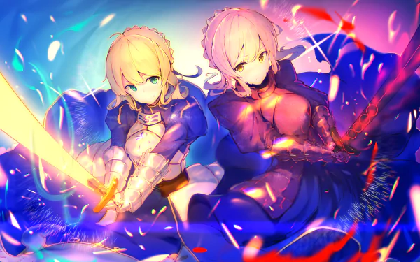 HD wallpaper of Anime characters Artoria Pendragon (Saber) and her counterpart Saber Alter from Fate/Grand Order, depicted as blonde, short-haired woman warriors in armor wielding swords, set against a vibrant background.