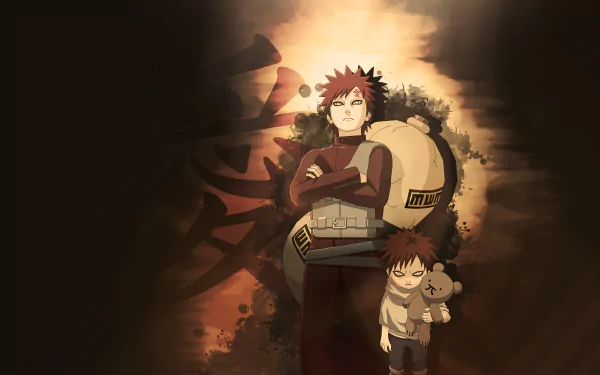 HD desktop wallpaper featuring Gaara from Naruto, showcasing an adult version alongside his younger self. The background displays intricate details and symbols, emphasizing the anime's artistic style.