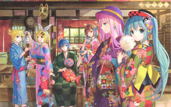 HD Anime Vocaloid desktop wallpaper featuring characters dressed in traditional Japanese kimonos at a festive indoor gathering.