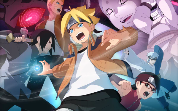 HD desktop wallpaper featuring characters from Boruto: Naruto Next Generations including Boruto Uzumaki, Naruto Uzumaki, Sasuke Uchiha, Sarada Uchiha, and Momoshiki Ōtsutsuki in an action-packed scene.