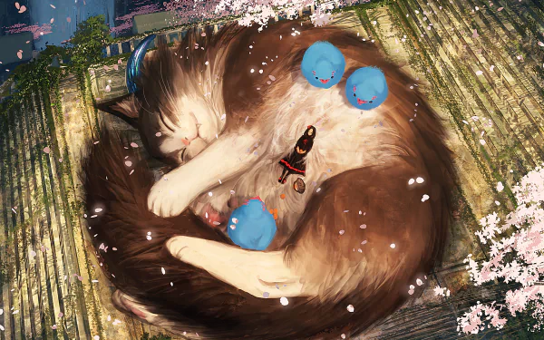 Anime-style HD desktop wallpaper of a sleeping cat surrounded by blue petals and cherry blossoms, with small blue birds resting on its fur.