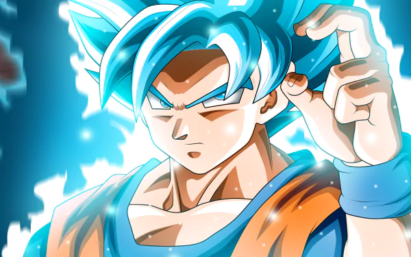 HD desktop wallpaper featuring Goku from Dragon Ball Super in a powerful pose, surrounded by a vibrant, glowing blue aura. The image captures the dynamic energy and intensity of the anime character.
